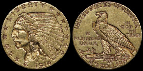 USA: 2- 1/2 Dollars (1914 D) in gold (0,900). Indian head facing left on obverse. American eagle on reverse. (KM 128). Extra Fine.