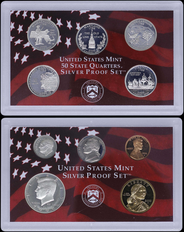 USA: Silver proof set (2000 S) of 10 coins. Five different Quarters honoring Mas...
