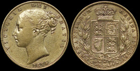 AUSTRALIA: 1 Sovereign (1874 M) in gold (0,917). Young head of Queen Victoria facing left on obverse. Crowned shield and mint mark "M" below on revers...
