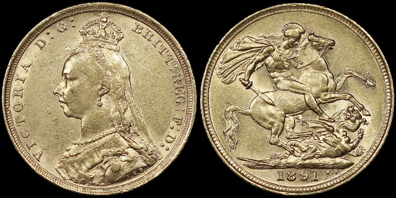 AUSTRALIA: 1 Sovereign (1891 S) in gold (0,917). Bust of Queen Victoria wearing ...