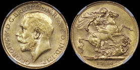 AUSTRALIA: 1 Sovereign (1924 P) in gold (0,917). Head of King George V facing left on obverse. St George slaying the dragon on reverse. Inside slab by...