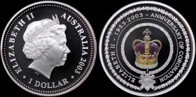 AUSTRALIA: 1 Dollar (2003 P) in silver (0,999) commemorating the 50th Anniversary of the Coronation of Elizabeth II. Head of Queen Elizabeth II with t...