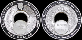 AUSTRALIA: 1 Dollar (2003) in silver (0,999). Superimposed head of Queen Elizabeth II above replica of Holey Dollar on obverse. Replica of Holey Dolla...