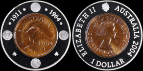 AUSTRALIA: 1 Dollar (2004) bimetallic (copper center in silver ring) commemorating the Last Penny. Obverse of a 1964 dated Penny on obverse. Reverse o...