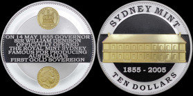 AUSTRALIA: 10 Dollars (2005) in silver (0,999) commemorating the 150th Anniversary of Sydney Mint. Two golden circles, one above and one below the leg...