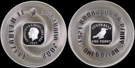 AUSTRALIA: 1 Dollar (2008) in silver (0,999). Small head of Queen Elizabeth II with tiara facing right above replica of 1921 Kookaburra Penny on obver...