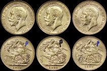AUSTRALIA: Lot of 3 coins in gold (0,917) composed of 2x 1 Sovereign (1920 P) & 1 Sovereign (1930 P). Head of George V facing left on obverse. St Geor...