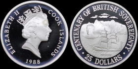 COOK ISLANDS: 25 Dollars (1988) in silver (0,925) commemorating the 100th Anniversary of British Rule. Crowned head of Queen Elizabeth II facing right...