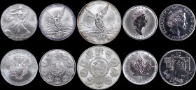 GREECE: WORLD COINS: Lot of 5 coins in silver composed of 5 Dollars (2002) (CANADA), 2 Pounds (2001) (GREAT BRITAIN), 1 Onza (2002 Mo) & 2 Onzas (1996...