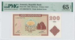 ARMENIA: 200 Dram (1993) in brown, green and red on multicolor unpt. Church of St Hripsime in Echmiadzin at center right on face. S/N: "EB 04795779". ...
