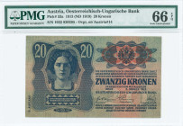AUSTRIA: 20 Kronen (ND 1919 / old date 2.1.1913) in blue on green and red unpt. Portrait of woman at upper left and arms at upper right on face. S/N: ...