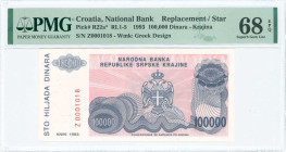 CROATIA: Replacement of 100000 Dinara (1993) in violet and blue-gray on pink unpt. Knin fortress at center-left on face. S/N: "Z 0001018". WMK: Greek ...