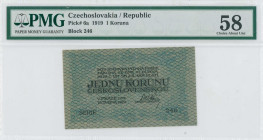 CZECHOSLOVAKIA: 1 Koruna (15.4.1919) in blue. Arms at center on face. S/N: "246". Printed by (Haase, Prague). Inside holder by PMG "Choice About Unc 5...