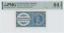 CZECHOSLOVAKIA: 1 Koruna (ND 1946) in blue. Liberty waering cap at right circle on face. Never issued. Inside holder by PMG "Choice Uncirculated 64 EP...