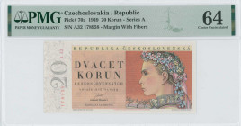 CZECHOSLOVAKIA: 20 Korun (1.5.1949) in orange-brown and multicolor. Girl with floral wreath at right on face. S/N: "A32 178958". Margin with fibers at...