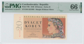 CZECHOSLOVAKIA: 20 Korun (1.5.1949) in orange-brown and multicolor on yellowish paper. Girl with floral wreath at right on face. S/N: "B44 021999". Ma...