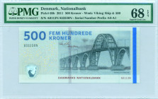 DENMARK: 500 Kroner (2011) in black, blue and brown. Queen Alexandrine Bridge at center-right on face. S/N: "A0112N 833230N". WMK: Viking Ship & value...