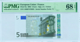 EUROPEAN UNION / FRANCE: 5 Euro (2002) in gray and multicolor. Gate in classical architecture at right on face. S/N: "U49807476383". Printing press an...