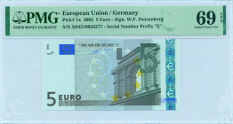 EUROPEAN UNION / GERMANY: 5 Euro (2002) in gray and multicolor. Gate in classical architecture at right on face. S/N: "X04210033277". Printing press a...