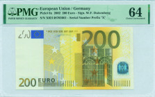 EUROPEAN UNION / GERMANY: 200 Euro (2002) in yellow and multicolor. Gate in iron and glass architecture style between 19th and 20th century at right o...