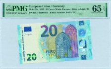 EUROPEAN UNION / GERMANY: 20 Euro (2015) in blue and multicolor. Gate in gothic architecture at center right on face. S/N: "RP1544666013". Signature b...