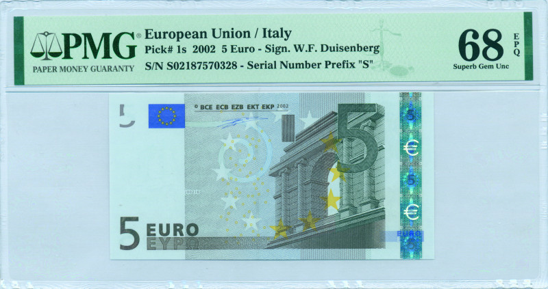 EUROPEAN UNION / ITALY: 5 Euro (2002) in gray and multicolor. Gate in classical ...