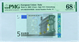 EUROPEAN UNION / ITALY: 5 Euro (2002) in gray and multicolor. Gate in classical architecture at right on face. S/N: "S02187570328". Printing press and...