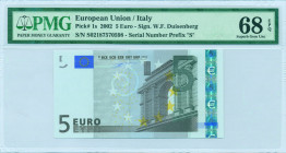 EUROPEAN UNION / ITALY: 5 Euro (2002) in gray and multicolor. Gate in classical architecture at right on face. S/N: "S02187570598". Printing press and...