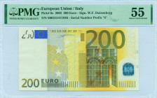 EUROPEAN UNION / ITALY: 200 Euro (2002) in yellow and multicolor. Gate in iron and glass architecture style between 19th and 20th century at right on ...