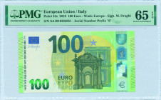 EUROPEAN UNION / ITALY: 100 Euro (2019) in green and multicolor. Gate in baroque and rococo architecture on face. S/N: "SA1010285051". Printing press ...