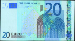 EUROPEAN UNION / PORTUGAL: 20 Euro (2002) in blue and multicolor. Gate in gothic architecture at center-right on face. S/N: "M01854102775". Printing p...