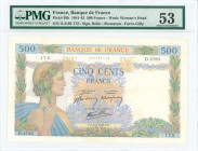 FRANCE: 500 Francs (6.2.1941) in green, lilac and multicolor. Pax with wreath at left on face. S/N: "D.2193 172". WMK: Head of Pax. Signatures by Beli...