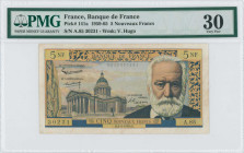 FRANCE: 5 Nouveaux Francs (1.3.1962) in blue, orange and multicolor. Pantheon in Paris at left, Victor Hugo at right and denomination on face. S/N: "A...