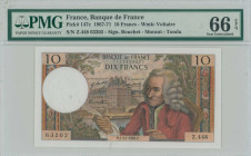 FRANCE: 10 Francs (7.11.1968) in red and multicolor. Paris Palais des Tuileries at center and Voltaire at right on face. S/N: "Z.448 63202". Signature...