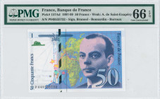 FRANCE: 50 Francs (1999) in purple and dark blue on multicolor unpt. Drawing of le Petit Prince at left, old airplane at top left, topographical map o...