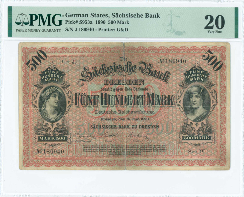 GERMAN STATES / BANK OF SAXONY: 500 Mark (15.6.1890) in black on red-brown and b...