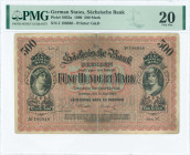 GERMAN STATES / BANK OF SAXONY: 500 Mark (15.6.1890) in black on red-brown and blue unpt. Portrait of woman at left and Mercury at right on face. S/N:...