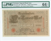 GERMANY: 1000 Mark (21.4.1910) in brown. S/N: "9286838 N". Red seal and 7-digit S/N. Inside holder by PMG "Choice Uncirculated 64 EPQ". (Pick 44b).