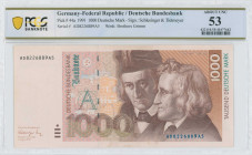 GERMANY / FEDERAL REPUBLIC: 1000 Deutsche Mark (1.8.1991) in deep brown-violet and blue-green on multicolor unpt. Wilhelm and Jakob Grimm at center ri...