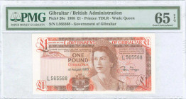 GIBRALTAR: 1 Pound (4.8.1988) in brown and red on multicolor unpt. Queen Elizabeth II at center-right on face. S/N: "L 565568". WMK: Queen Elizabeth I...