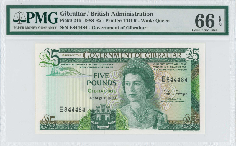 GIBRALTAR: 5 Pounds (4.8.1988) in green on multicolor unpt. Queen Elizabeth II a...