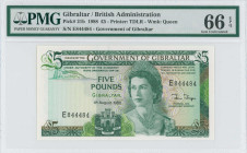 GIBRALTAR: 5 Pounds (4.8.1988) in green on multicolor unpt. Queen Elizabeth II at right on face. S/N: "E 844484". WMK: Queen Elizabeth II. Printed by ...