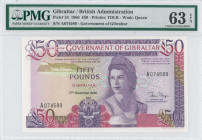 GIBRALTAR: 50 Pounds (27.11.1986) in purple on multicolor unpt. Queen Elizabeth II at right on face. S/N: "A 074589". WMK: Queen Elizabeth II. Printed...