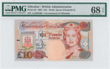 GIBRALTAR: 10 Pounds (1.7.1995) in orange-brown and violet on multicolor unpt. Mature image of Queen Elizabeth II at right on face. S/N: "AA 293262". ...