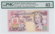 GIBRALTAR: 20 Pounds (1.7.1995) in purple and violet on multicolor unpt. Mature image of Queen Elizebeth II at right on face. S/N: "AA 460404". WMK: Q...