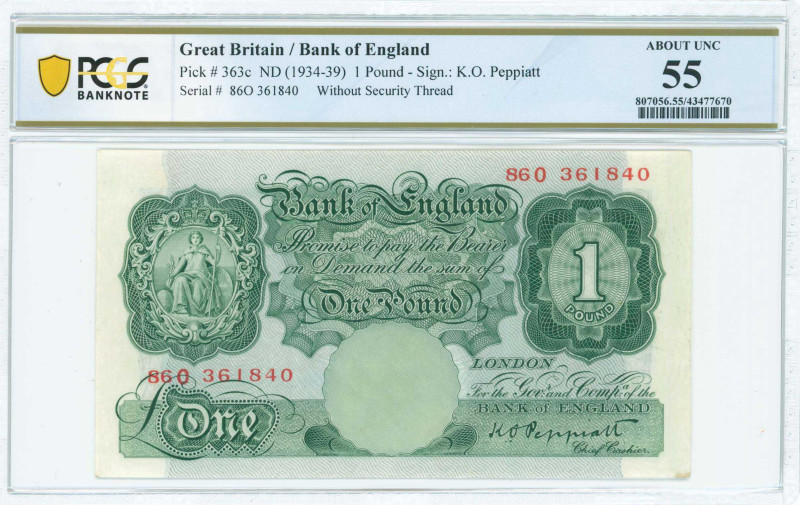 GREAT BRITAIN: 1 Pound (ND 1934-39) in green. Seated Britannia at upper left on ...