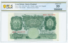 GREAT BRITAIN: 1 Pound (ND 1934-39) in green. Seated Britannia at upper left on face. S/N: "86O 361840". Without security thread. Signature by K O Pep...