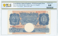 GREAT BRITAIN: 1 Pound (ND 1940-48) in dark blue and pink. Seated Britannia at upper left on face. S/N: "C27H 716018". Without security strip. Signatu...