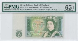 GREAT BRITAIN: 1 Pound (ND 1978-80) in dark green on multicolor unpt. Queen Elizabeth II at right on face. Low S/N: "U40 000379". WMK: Sir Isaac Newto...
