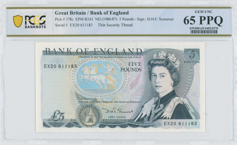 GREAT BRITAIN: 5 Pounds (ND 1980-87) in blue-black and blue on multicolor unpt. ...